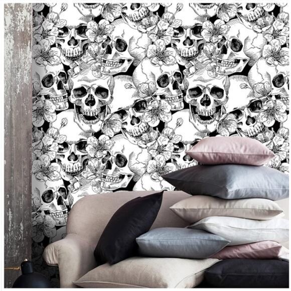2 Rolls Black and White Sugar Skull Floral Wallpaper 17.7IN x 9.8FT - Picture 3 of 7